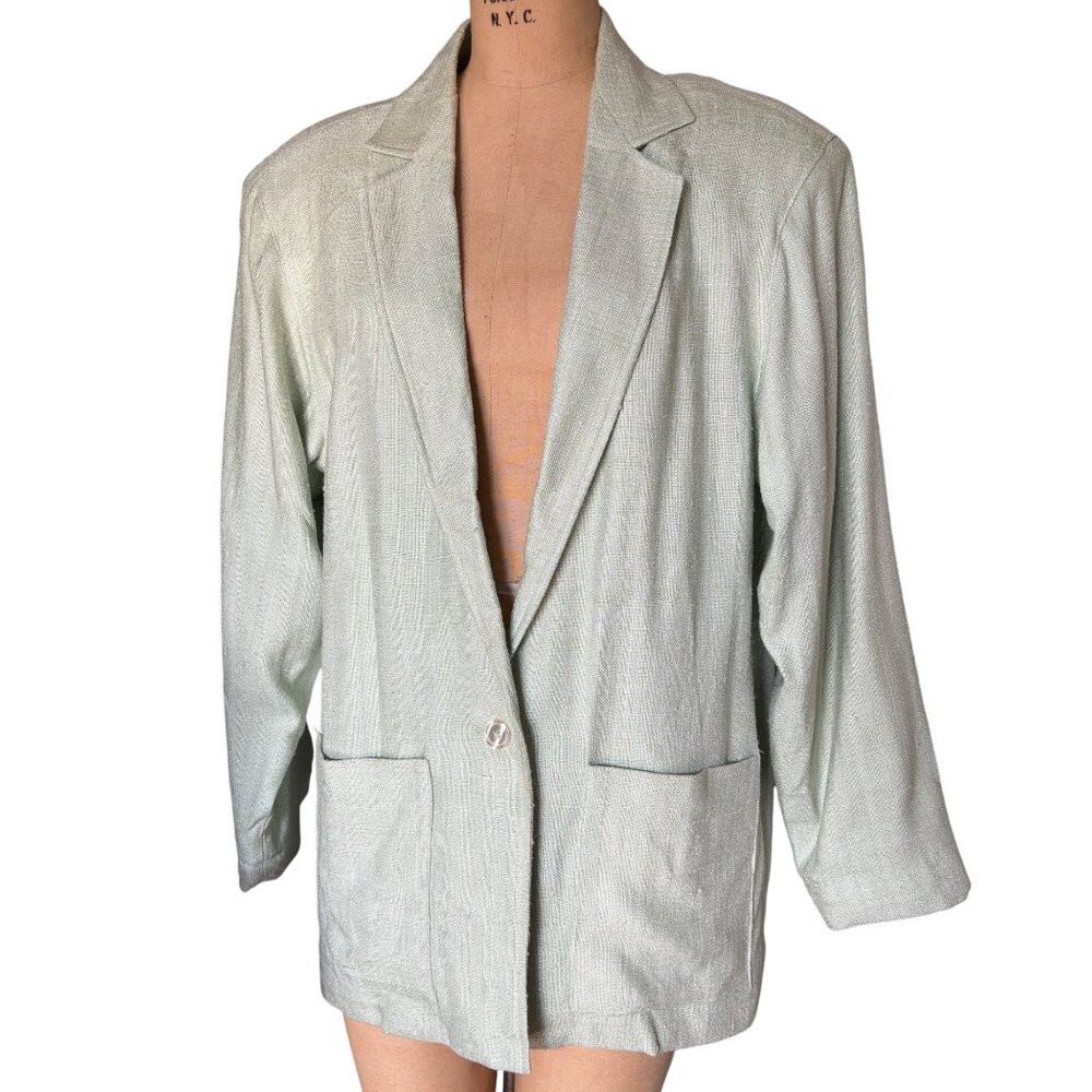 Savannah 100% Silk Mint Green Blazer Pockets & Single Button Closure Oversized M